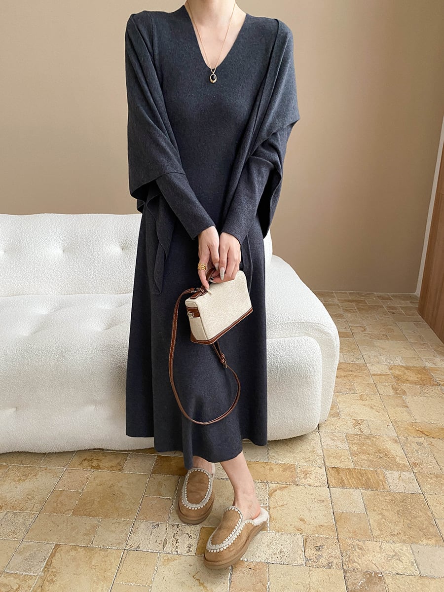【dress】ショール付きニットワンピース Q7003