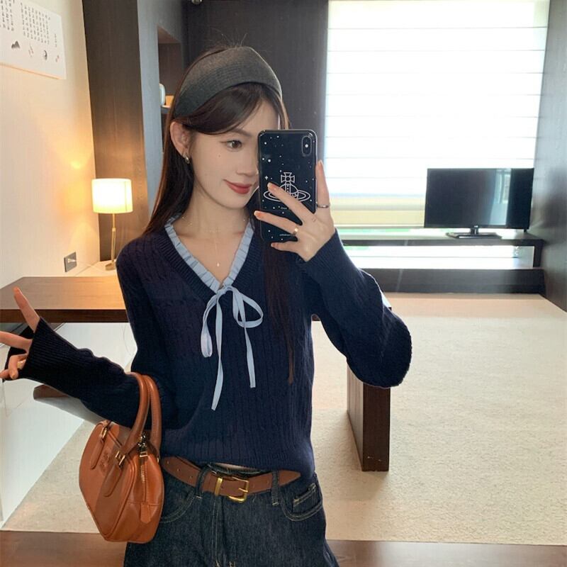 【tops】Vネックリボン付きニットトップス　M27739