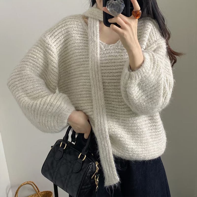 【tops】スカーフ付きニットトップス Q7165