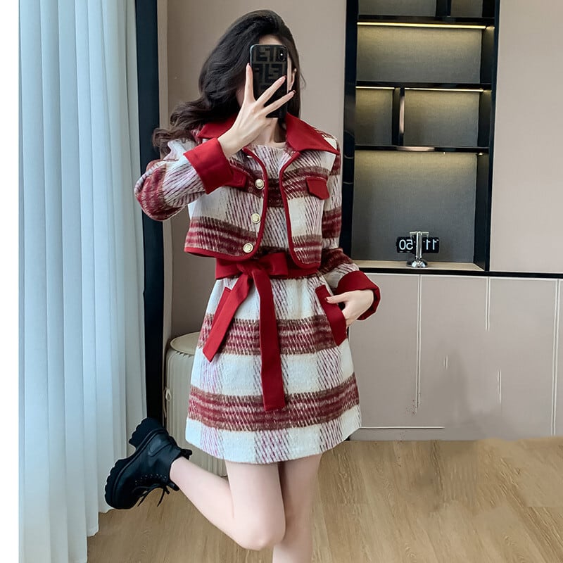 【set】チェック柄ショートコート×ベストワンピースセット　M27623
