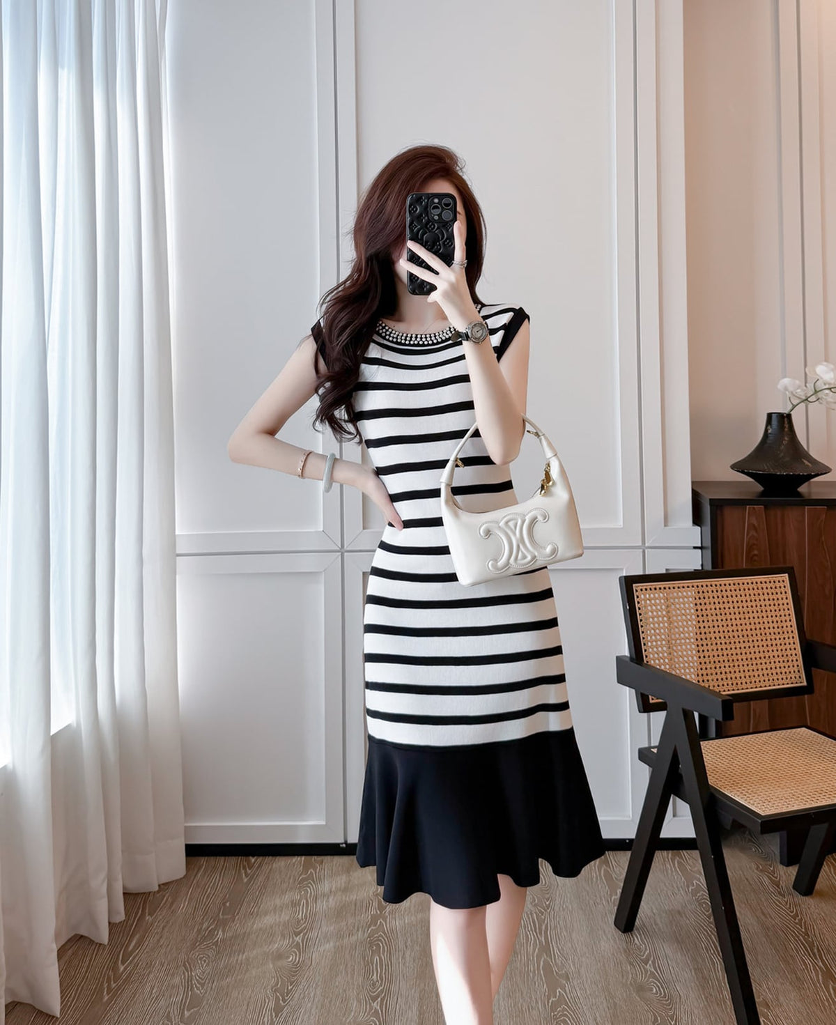 【dress】ノースリーブボーダー柄ニットワンピース Q8491