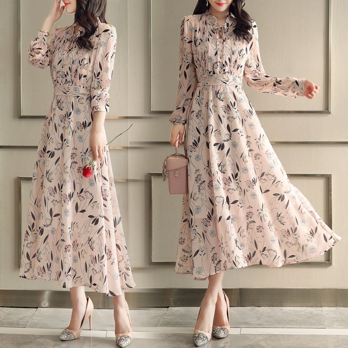 【dress】好感度UP!気質満点レトロ春秋 韓国系シフォン花柄ワンピース G1822