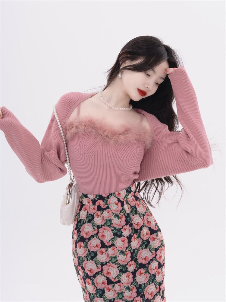 【tops】フェイクファーキャミソール×カーディガンセット　N2128