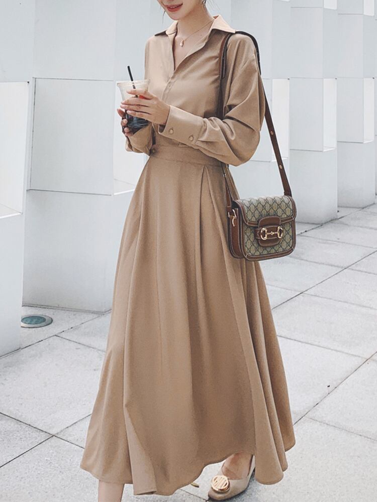 【dress】OL通勤気質満点レトロスウィート長袖Vネック無地着痩せワンピース