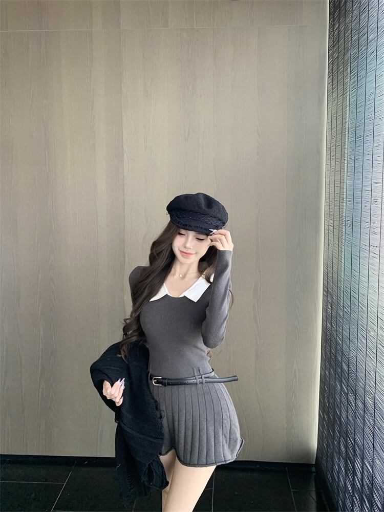 【dress】折り襟ニットワンピース　M28887