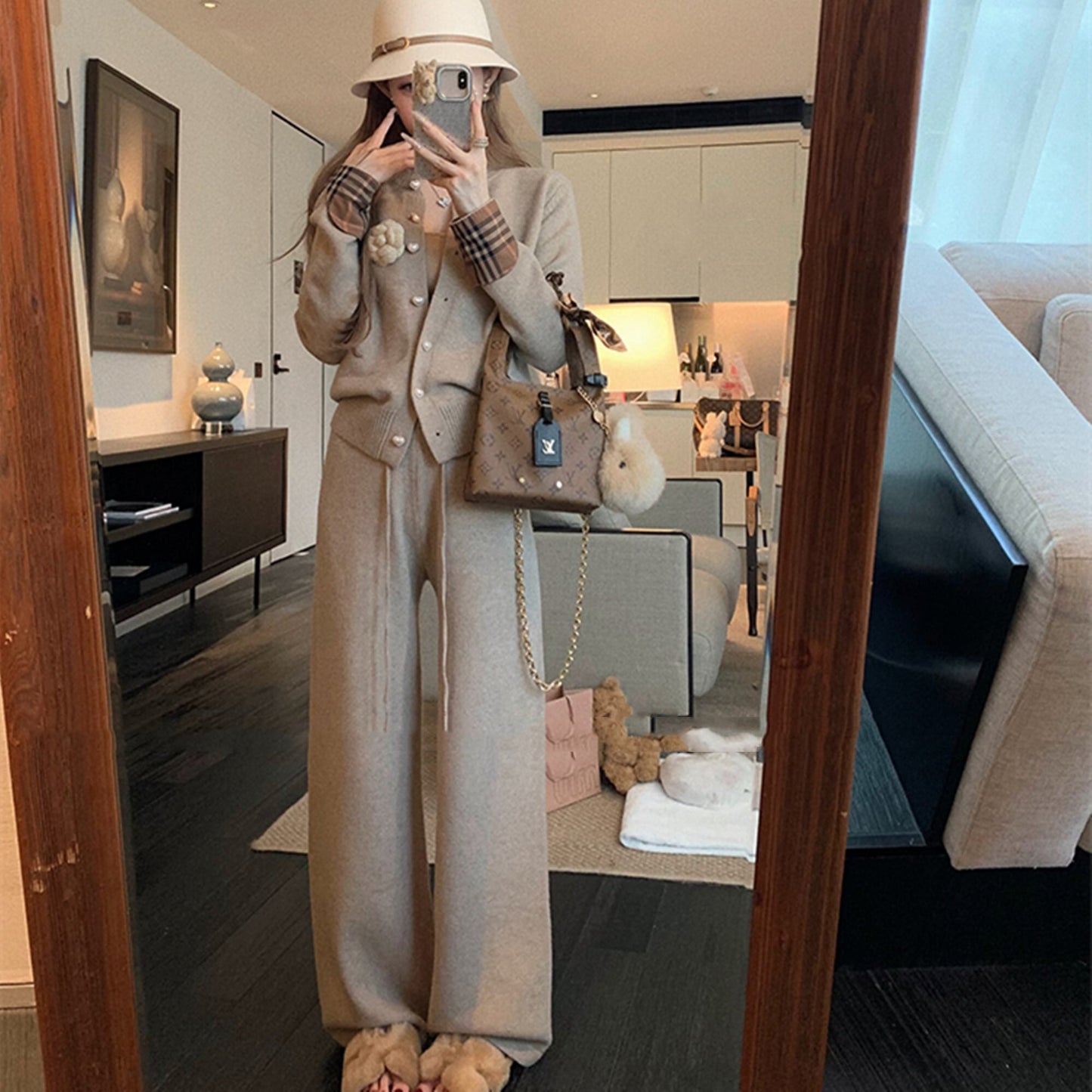 【set】チェック柄切り替えニットカーディガン×ワイドパンツセット　N3307