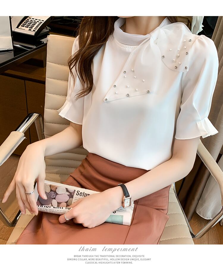 【tops】美人度アップ!スウィートリボンルーズシフォンパフスリーブフランス風シャツ G6683