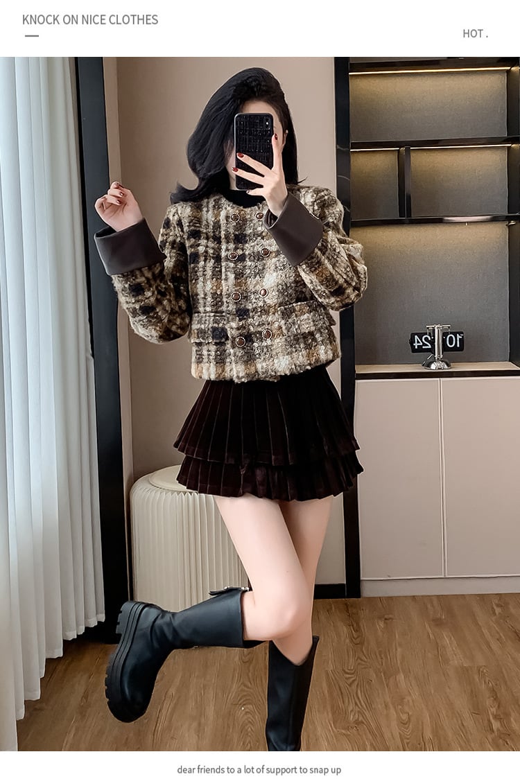 【set】チェック柄ショートコート×スカートセット　M27688