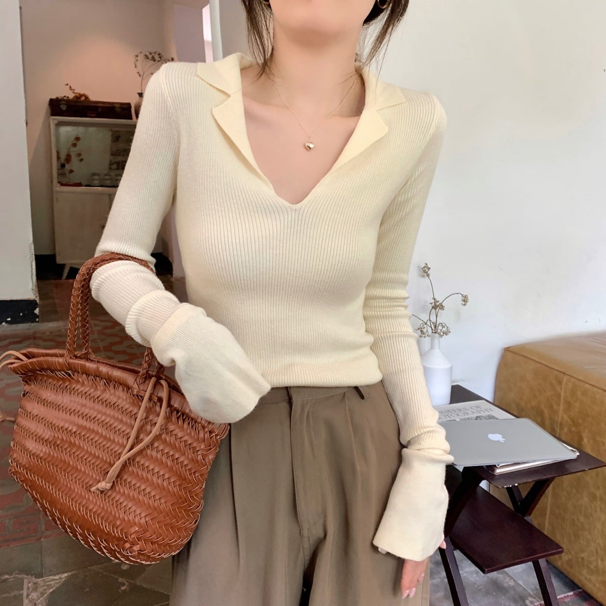 【tops】POLOネックニットトップス　M18950