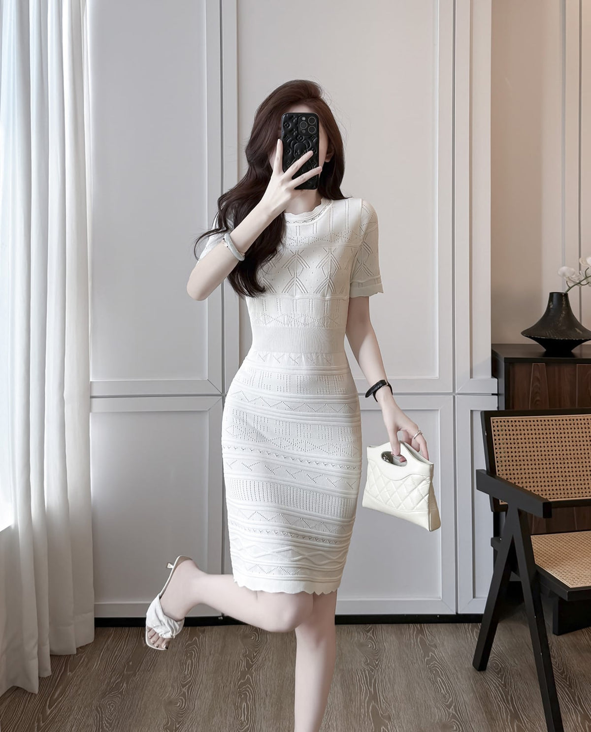 【dress】半袖透かし編みニットワンピース Q8492