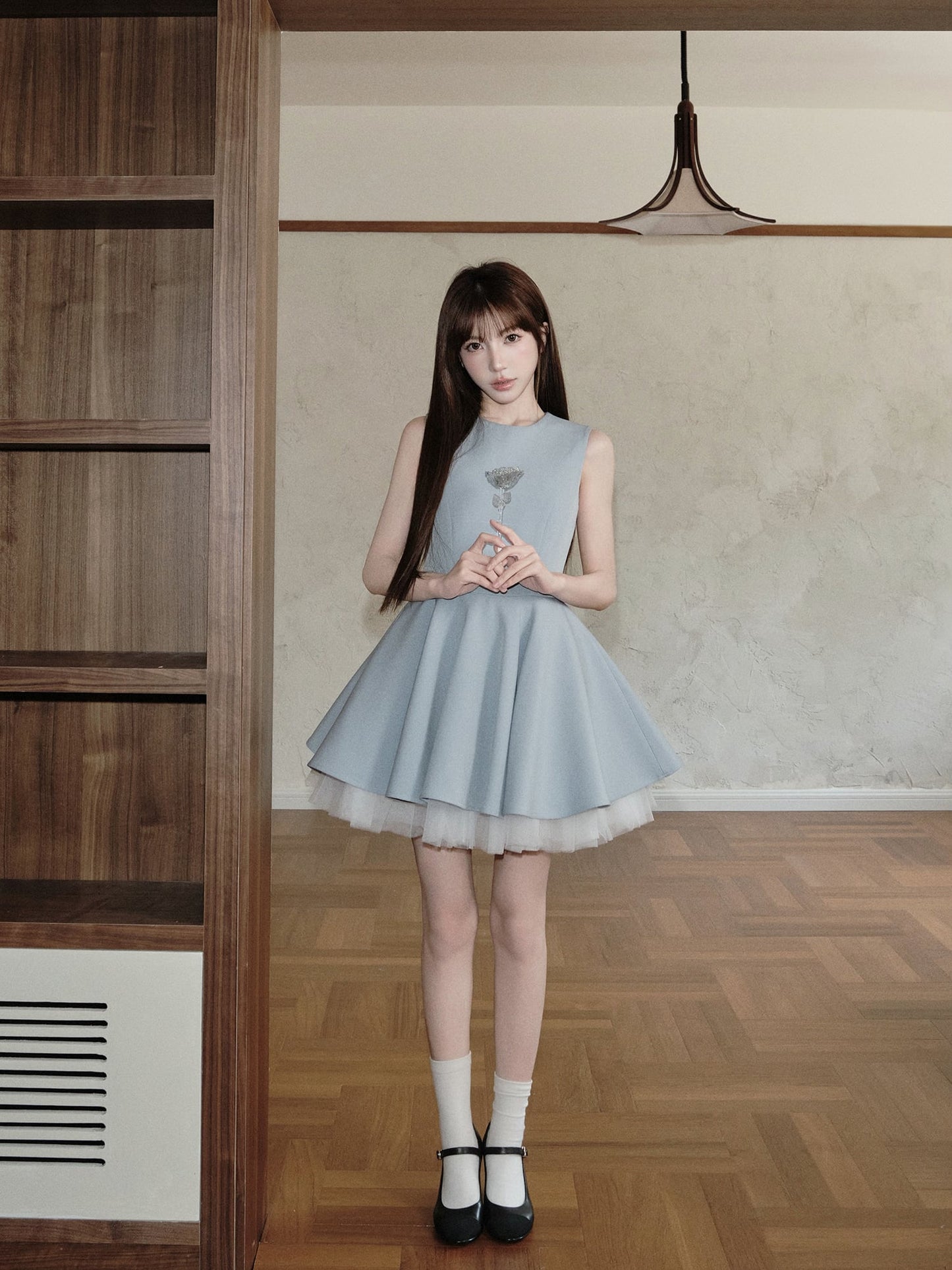 【dress】チュールドッキングノースリーブワンピース　N3093