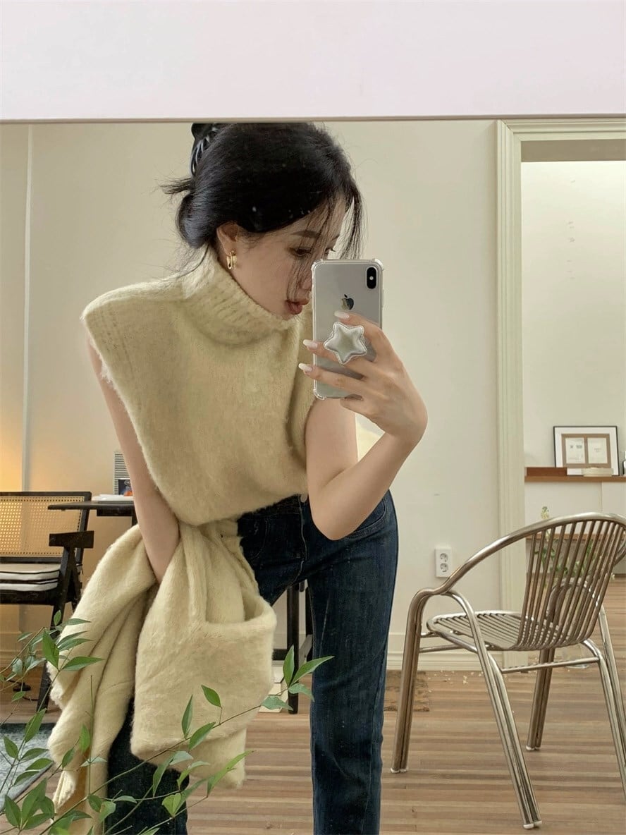 【tops】ハイネックノースリニットトップス×カーディガンセット　N2147
