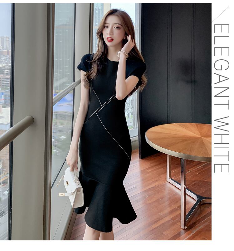 【dress】細身効果抜群好感度UP!韓国風OL通勤気質満点フリルマーメイドワンピース