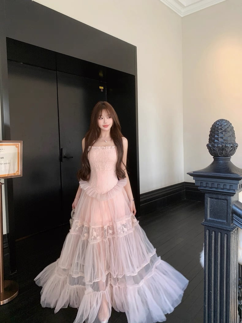 【dress】チュールレースロングワンピース Q7971