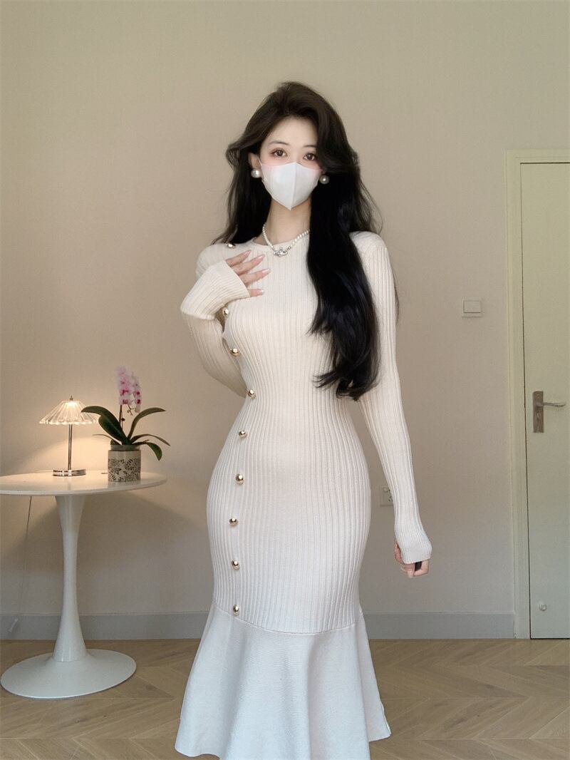 【dress】ボタンデザインマーメイドニットワンピース　M18048