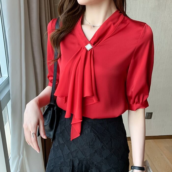【tops】韓国ファッション2色Vネック半袖無地着回しOL通勤ブラウスF0119