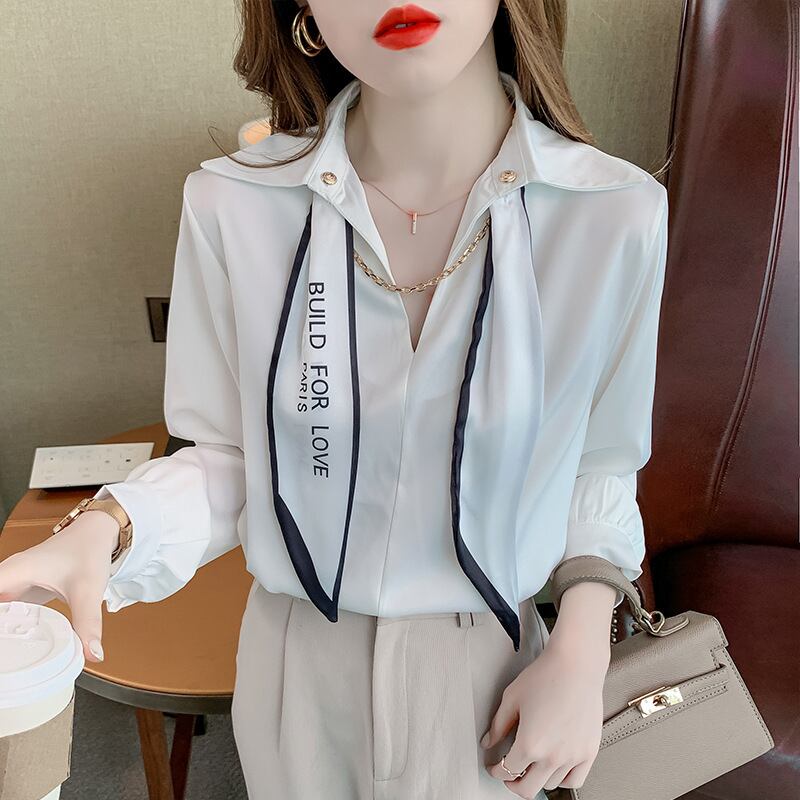 【tops】韓国ファッションラペル長袖無地ファッション着回しOL通勤シャツF0664