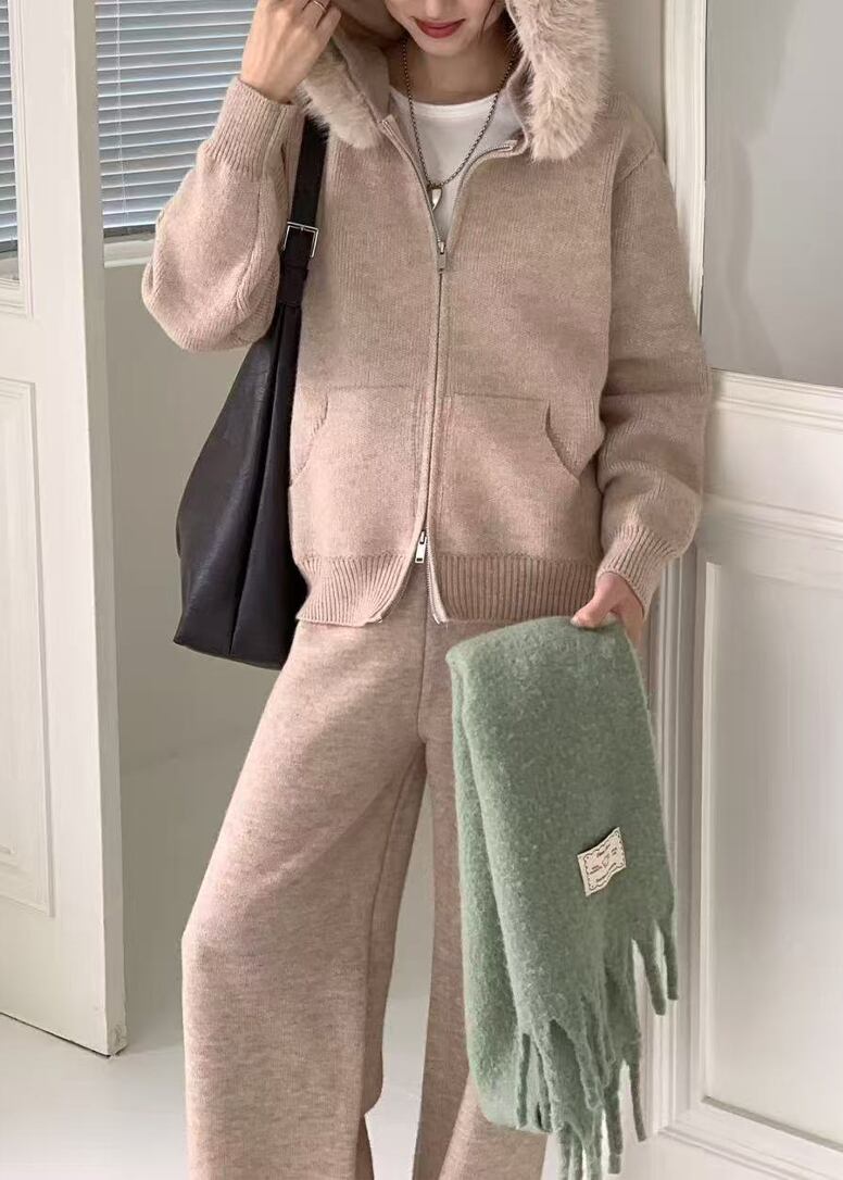 【set】ファー付きニットカーディガン×ワイドパンツセット Q7389