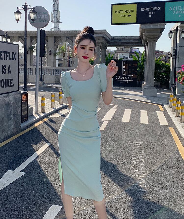 【dress】一目惚れ！韓国風INS風OL通勤スクエアネック半袖パフ袖スリット無地タイトワンピースF2364