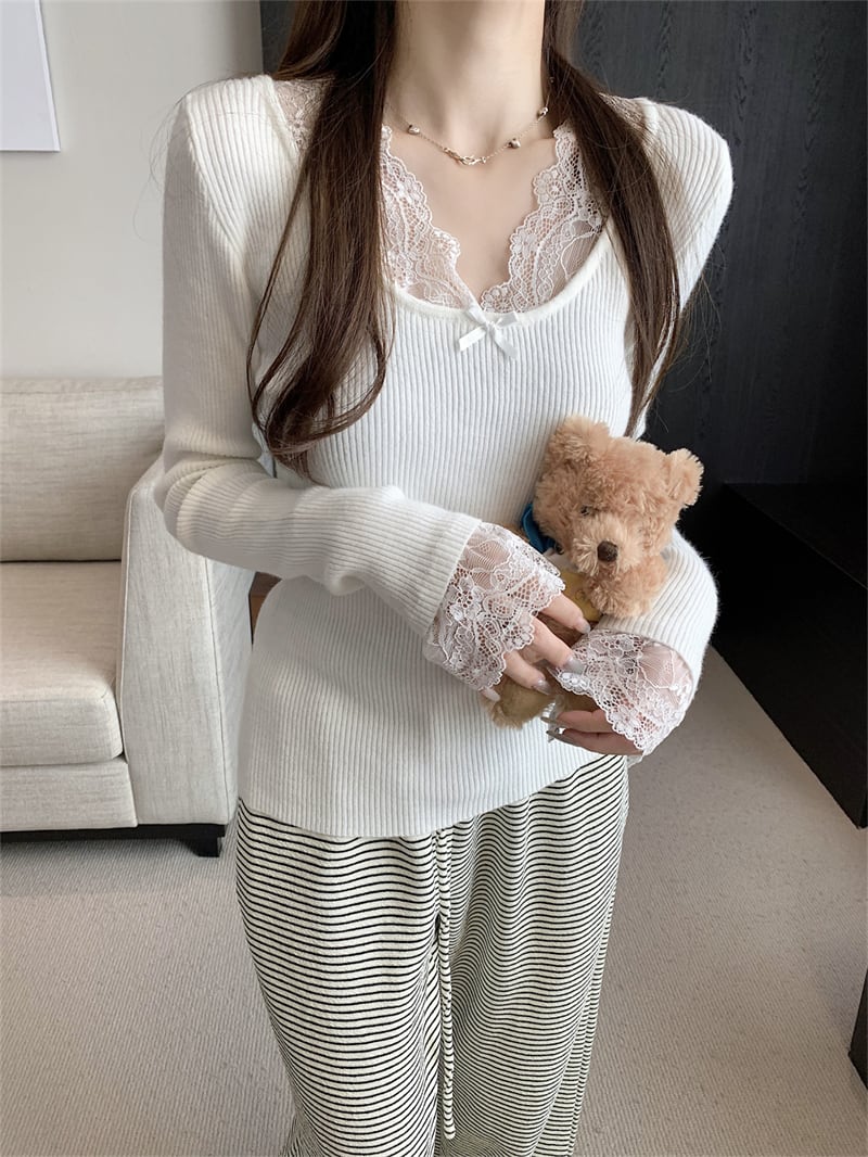 【tops】レースドッキングニットトップス　N2897