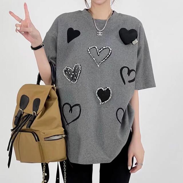 【tops】ラウンドネック半袖ハート柄ＴシャツF7313