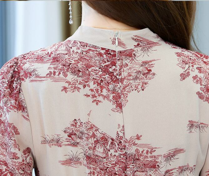 【dress】今季トレンド7分袖ウェスト絞りギャザー海旅行花柄配色大振り子シフォンロング丈ワンピースF1732