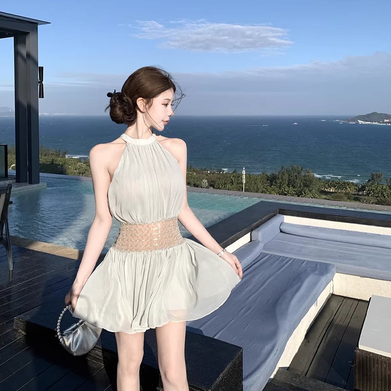 【dress】ビーズ付きノースリーブチュールミニワンピース Q8406
