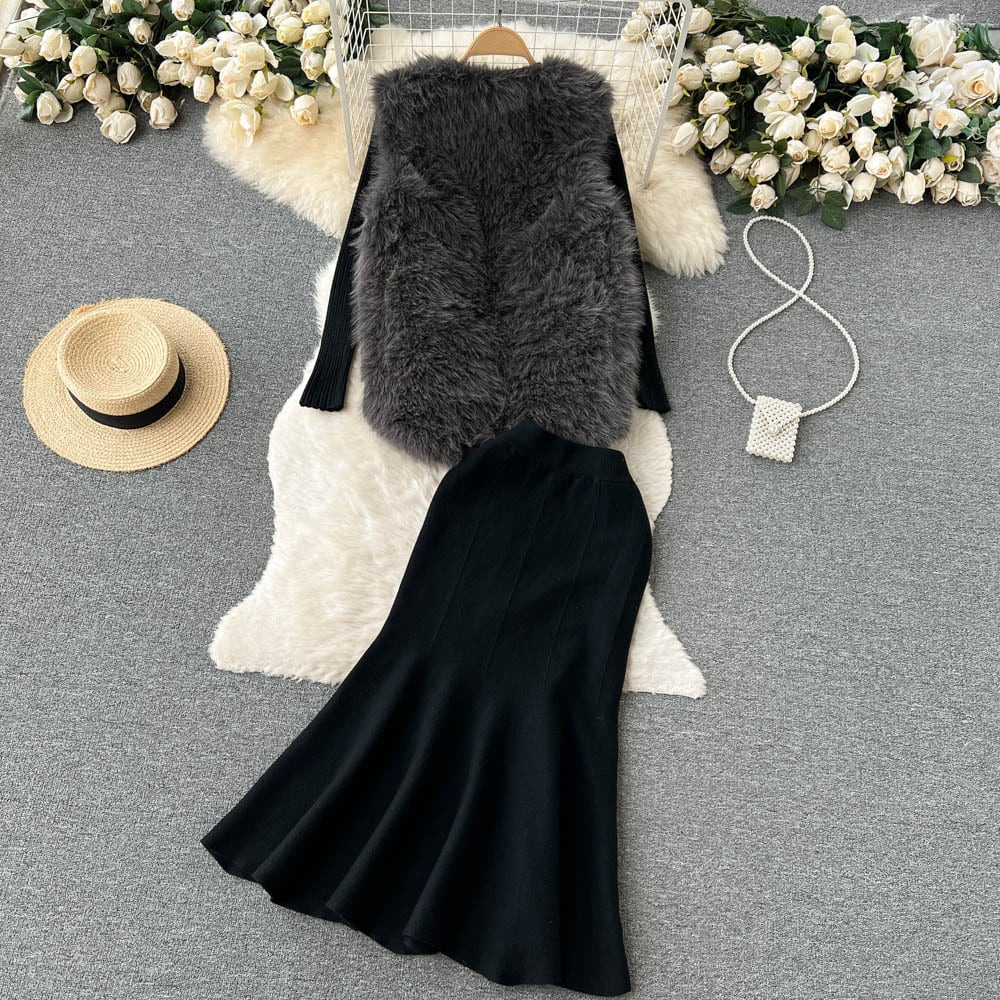 【set】ファージレ×カシュクールニットトップス×マーメイドスカート3点セット　N2741