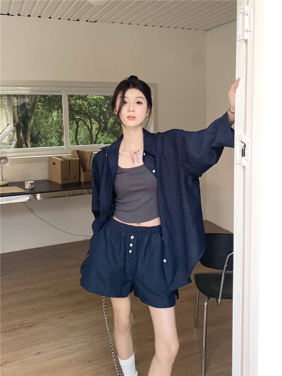 【set】薄手ブラウス+ハイウエストショートパンツ２点セットG21291