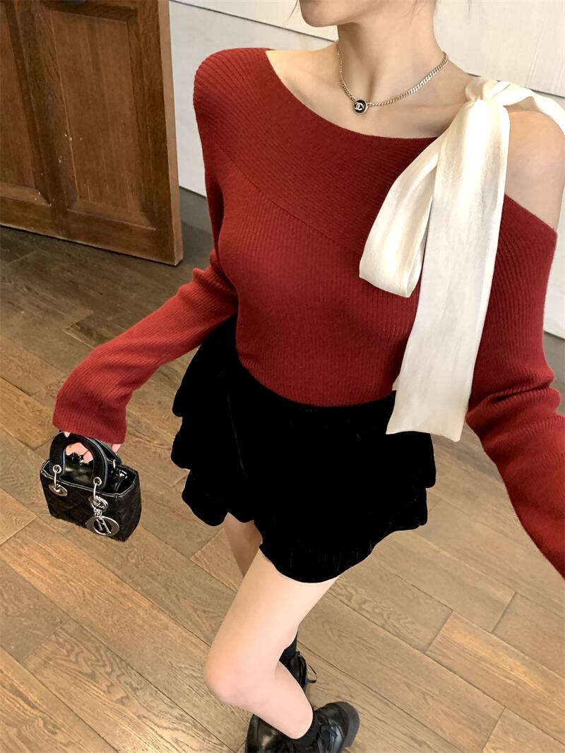 【tops】ショルダーリボンアシンメニットトップス　N2870