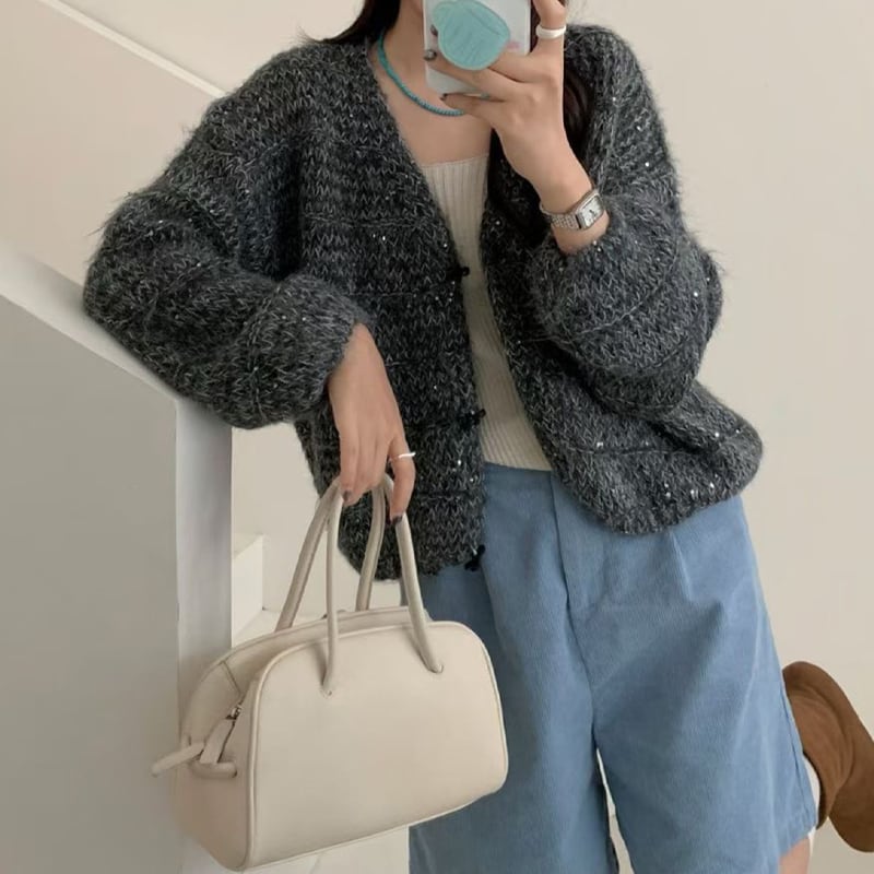 【outer】スパンコール付きニットカーディガン Q8121