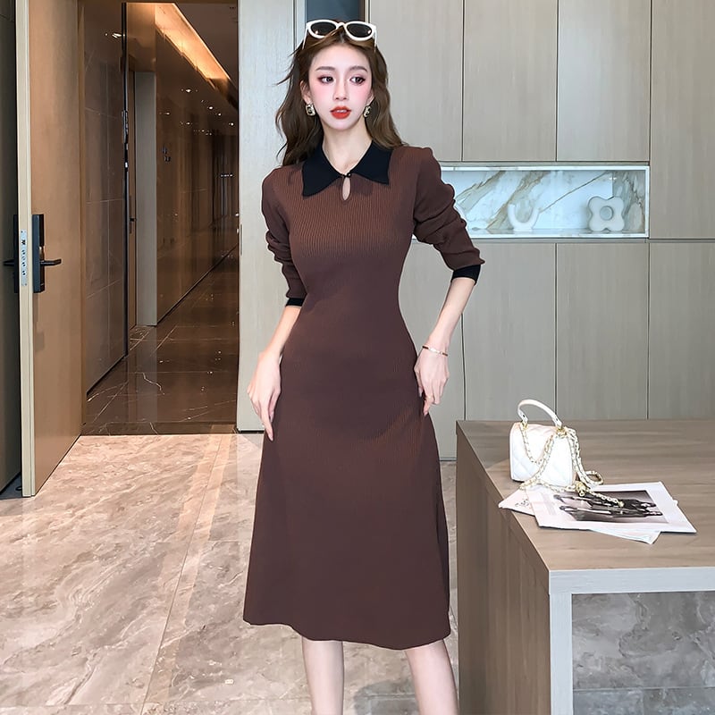 【dress】折り襟ニットワンピース　M19059