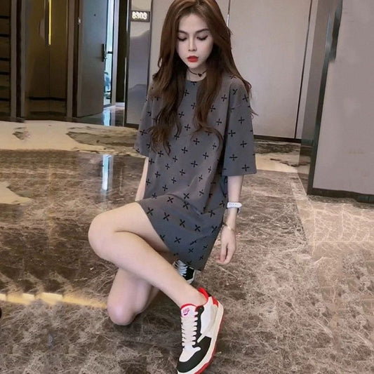 【tops】ラウンドネック半袖ロング丈TシャツF7766