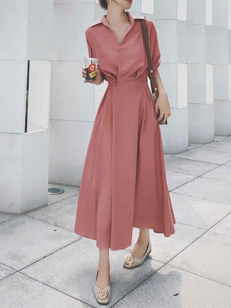 【dress】OL通勤気質満点レトロスウィート長袖Vネック無地着痩せワンピース