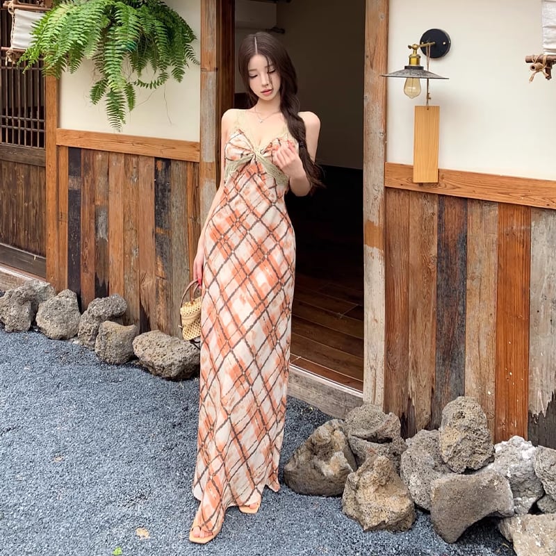 【dress】チェック柄ロングキャミワンピース Q8206
