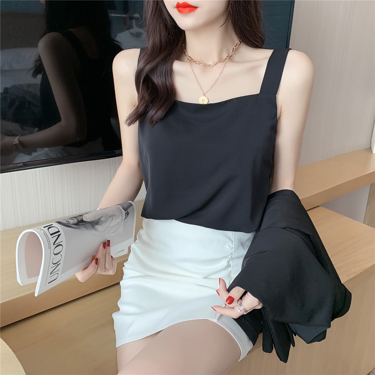 【tops】店長推薦3色夏新作韓国風INS風スクエアネック無地着回しキャミソールF1996