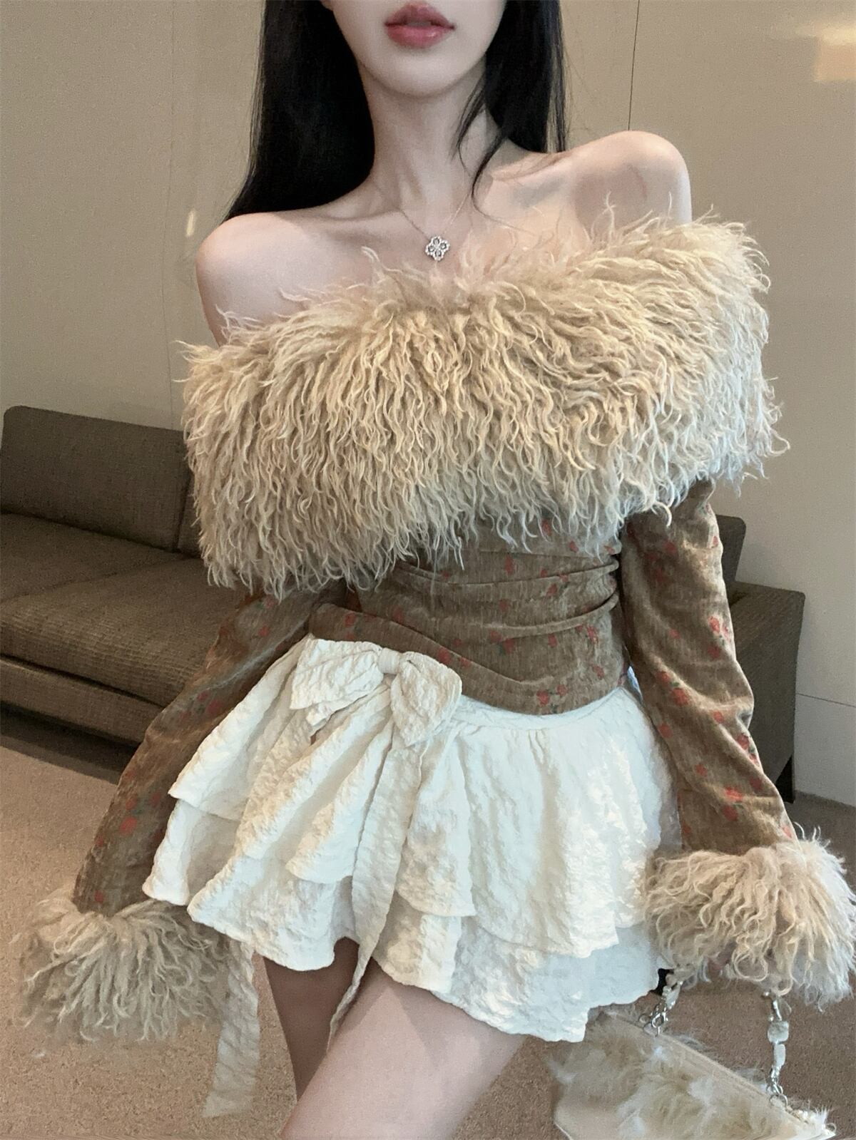 【set】ファードッキング花柄オフショルダー裹起毛トップス×リボン付きスカートセット　M28464