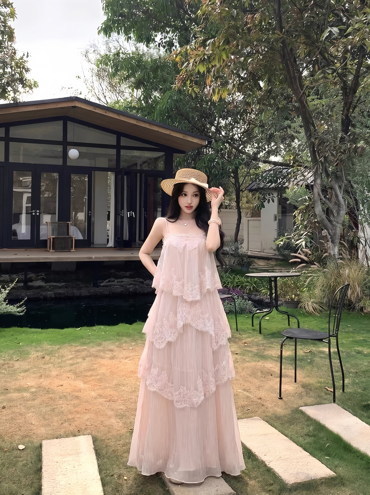 【dress】レースドッキングティアードキャミワンピース　K0557