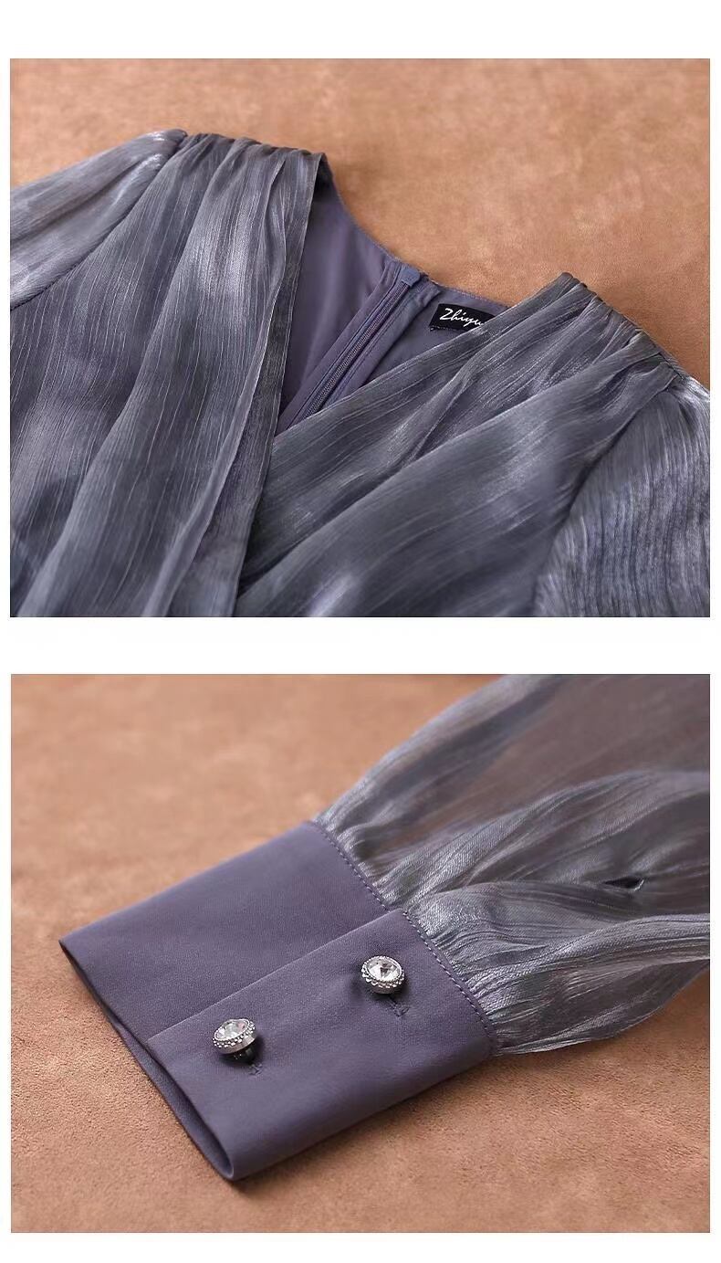 【dress】細身効果抜群♪OL通勤Vネック長袖韓国ファッション体型カバー配色デートワンピースF1758