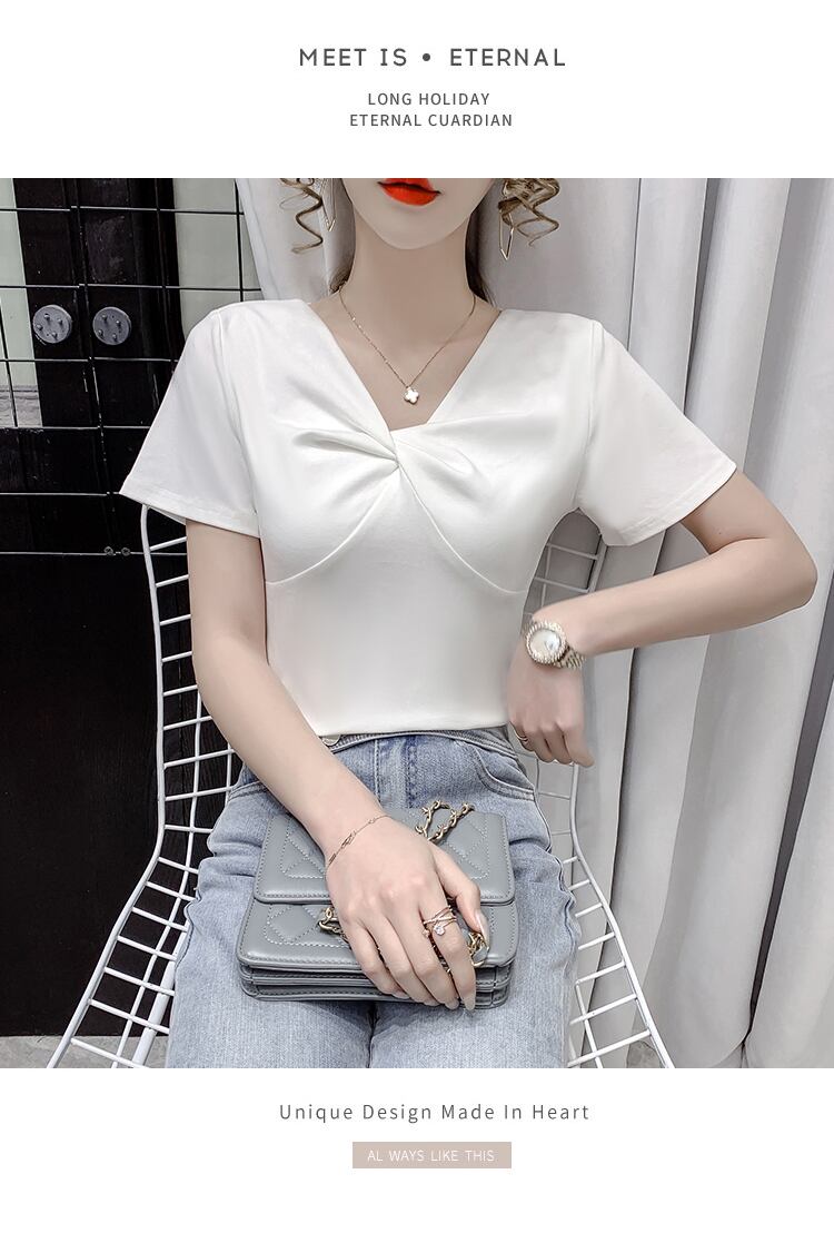 【tops】2色Vネック半袖ファッション無地着回しブラウスF0154