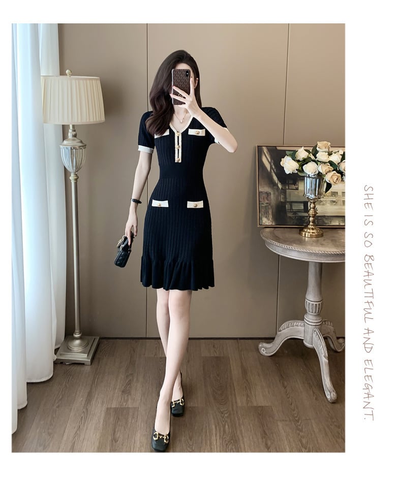 【dress】Vネックマーメイドニットワンピース G20250