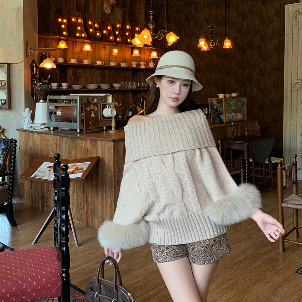 【tops】2WAY袖ファーオフショルニットトップス　N3378