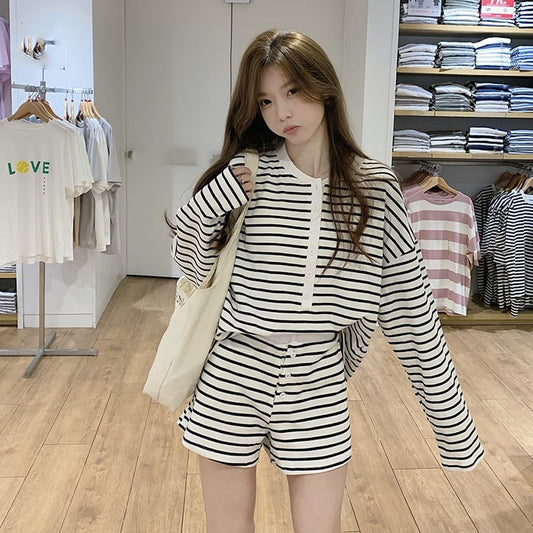 【set】ストライプ柄薄手Tシャツ+ショートパンツ２点セットG21372