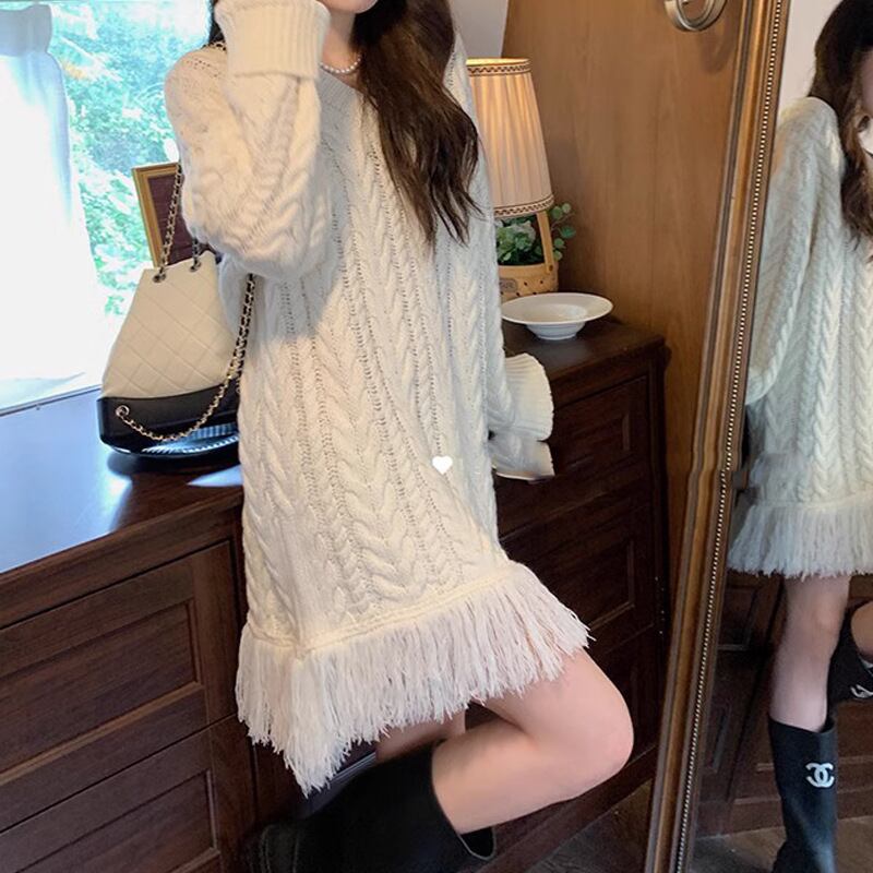 【dress】Vネックフリンジセーターワンピース　M18333