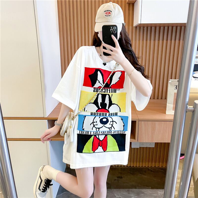 【tops】2色ラウンドネック半袖配色動物柄英字柄ゆったり着回しTシャツF2272