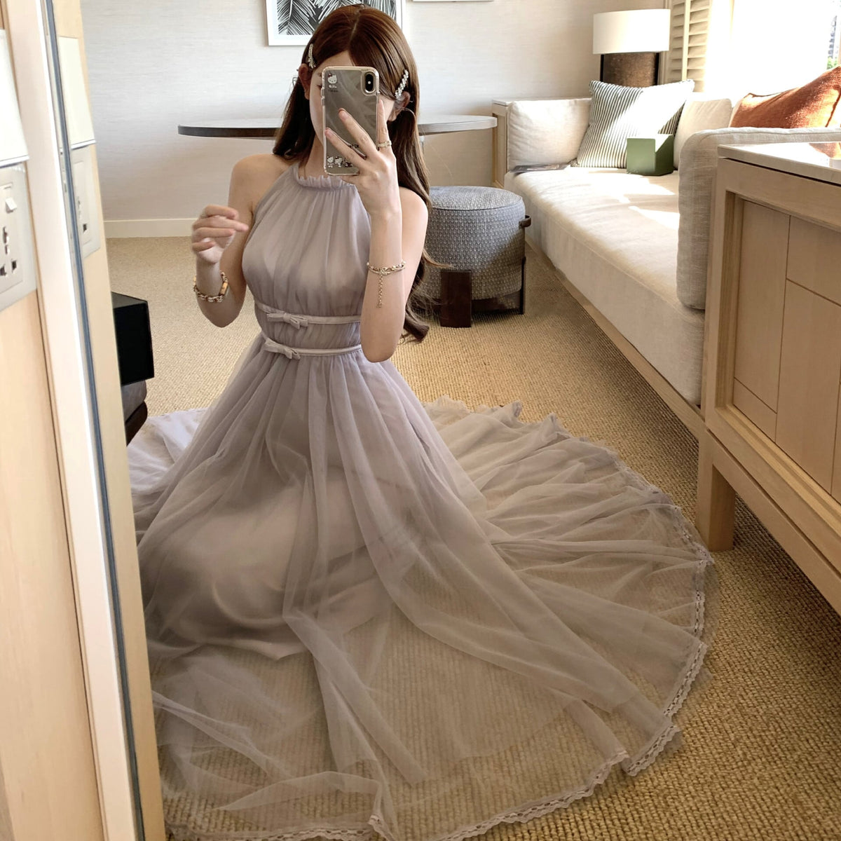 【dress】バックリボンチュールロングワンピース　N3217