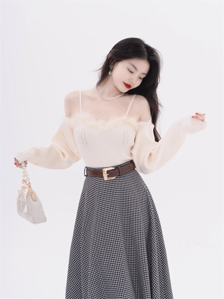 【tops】フェイクファーキャミソール×カーディガンセット　N2128