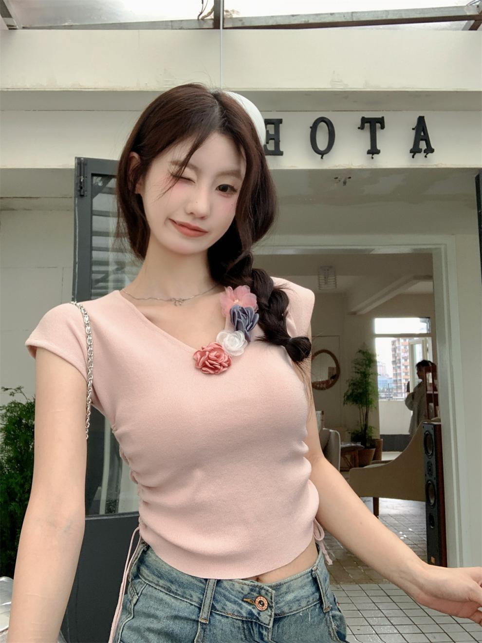 【tops】立体フラワーニットTシャツ　M24271