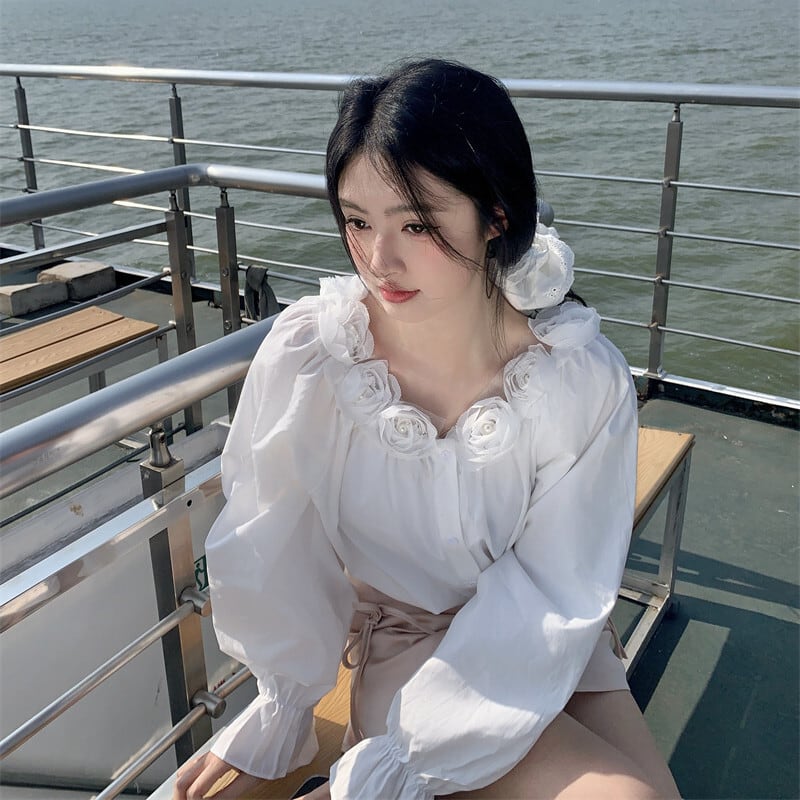 【tops】立体フラワーシャツブラウス　M29823