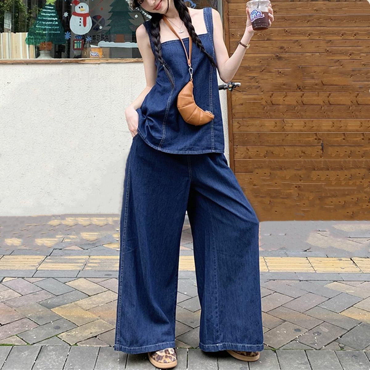 【set】バックリボンデニムトップス×ワイドパンツセット    N2682